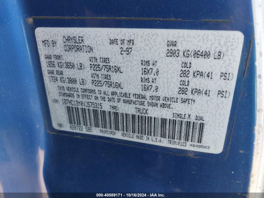 1997 Dodge Ram 1500 St VIN: 1B7HC13Y0VJ575315 Lot: 40589171