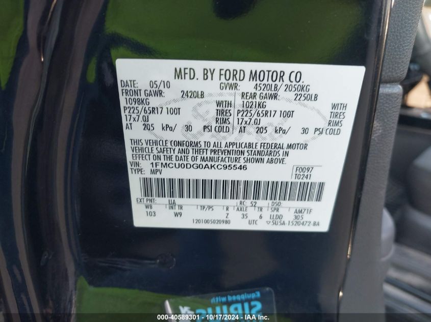 2010 Ford Escape Xlt VIN: 1FMCU0DG0AKC95546 Lot: 40589301