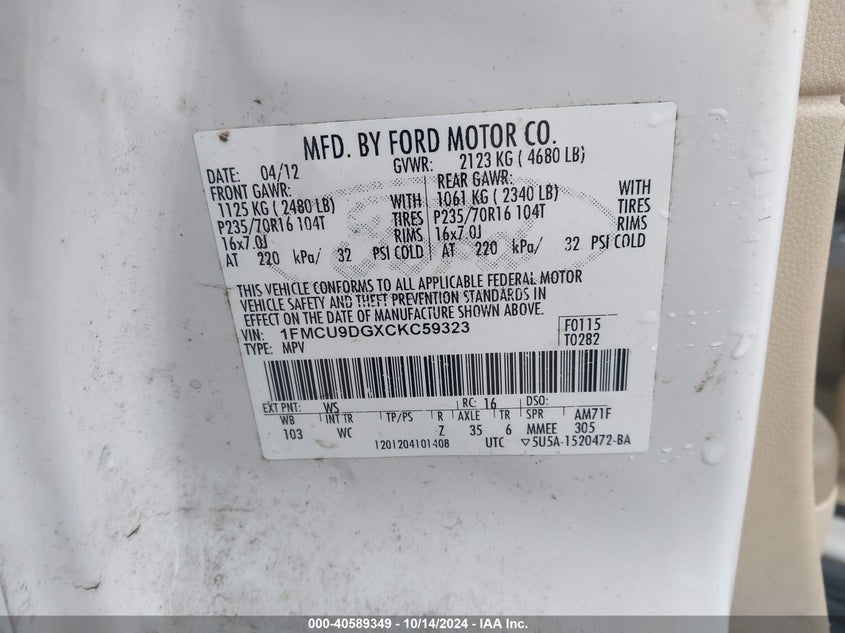 2012 Ford Escape Xlt VIN: 1FMCU9DGXCKC59323 Lot: 40589349