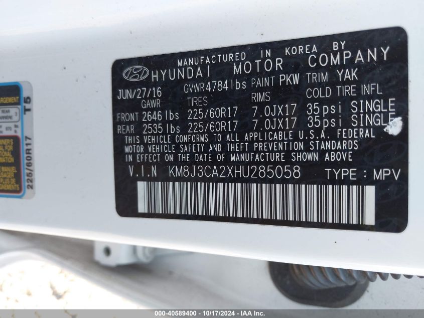 2017 Hyundai Tucson Eco VIN: KM8J3CA2XHU285058 Lot: 40589400