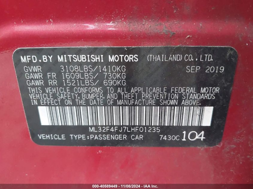 2020 Mitsubishi Mirage G4 G4 Se/G4 Le VIN: ML32F4FJ7LHF01235 Lot: 40589449