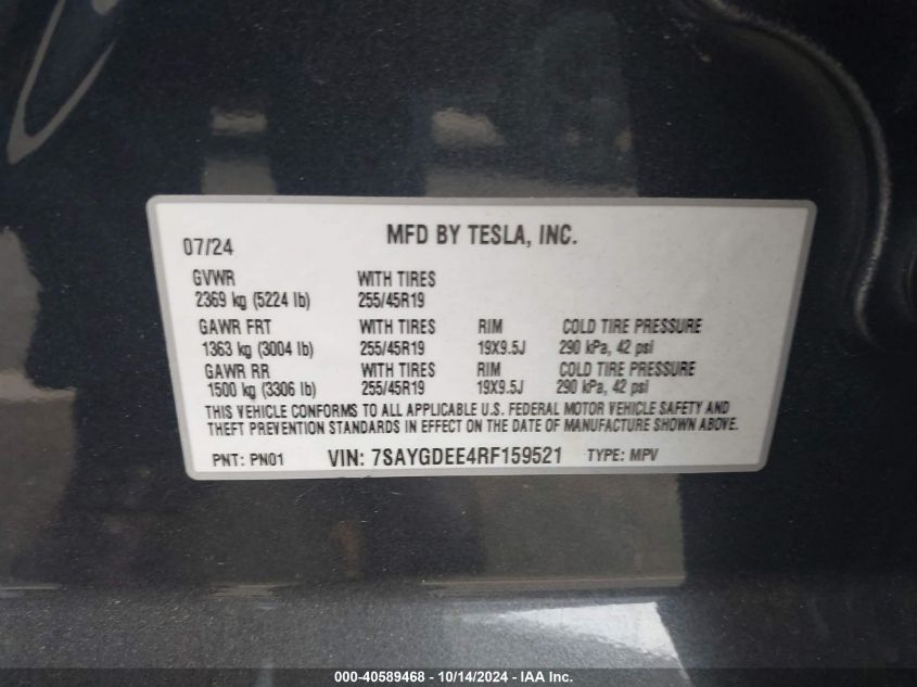 2024 Tesla Model Y VIN: 7SAYGDEE4RF159521 Lot: 40589468