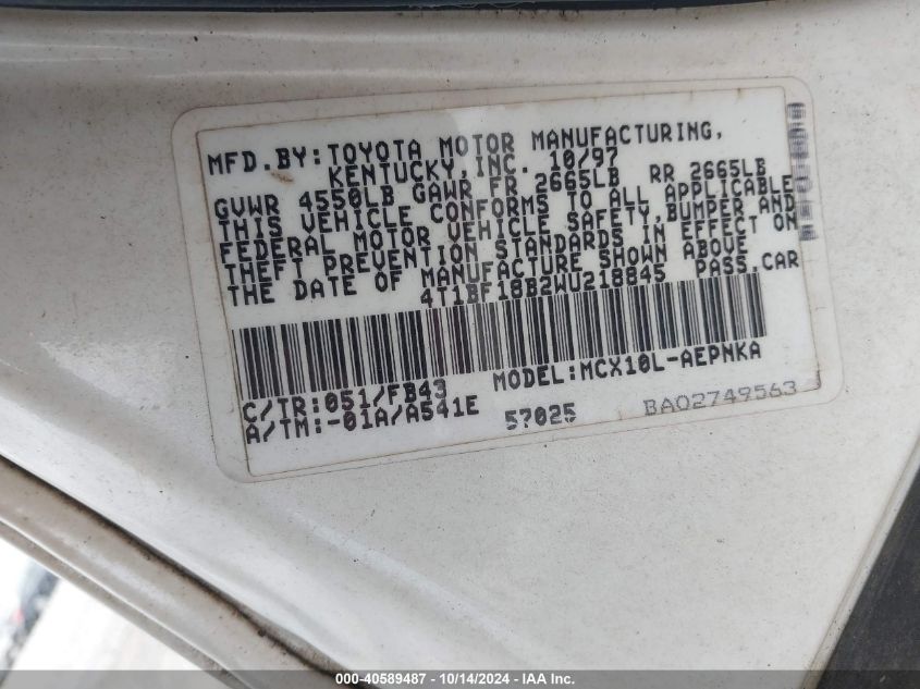 1998 Toyota Avalon Xl VIN: 4T1BF18B2WU218845 Lot: 40589487