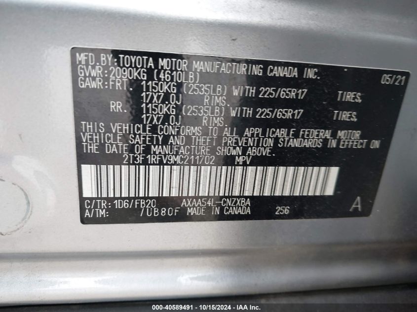 2021 Toyota Rav4 Le VIN: 2T3F1RFV9MC211702 Lot: 40589491