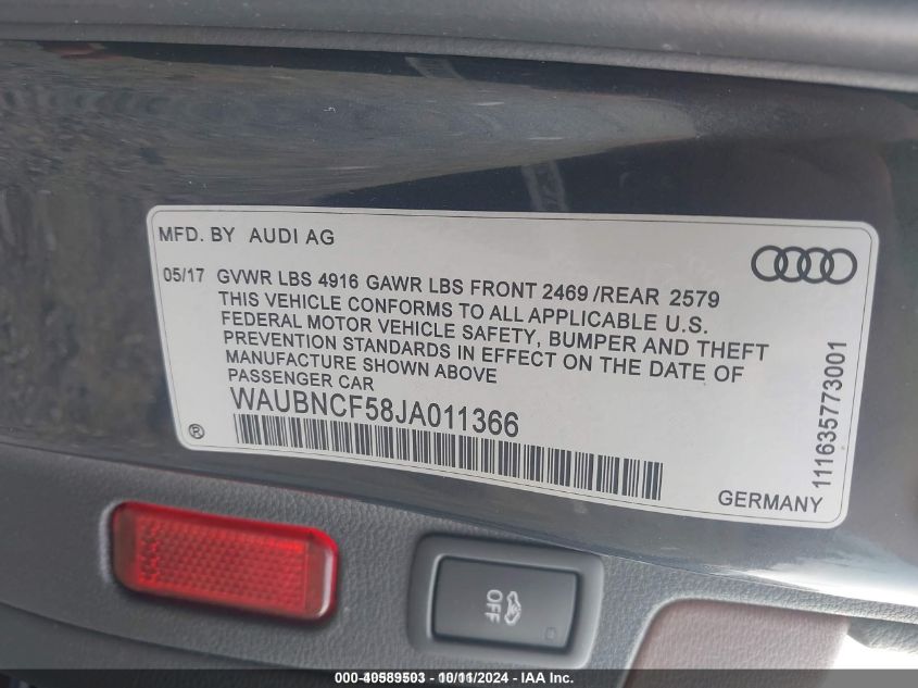 WAUBNCF58JA011366 2018 Audi A5 2.0T Premium