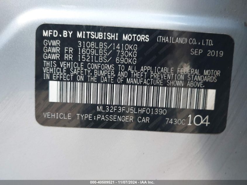 2020 Mitsubishi Mirage G4 Es VIN: ML32F3FJ5LHF01390 Lot: 40589521