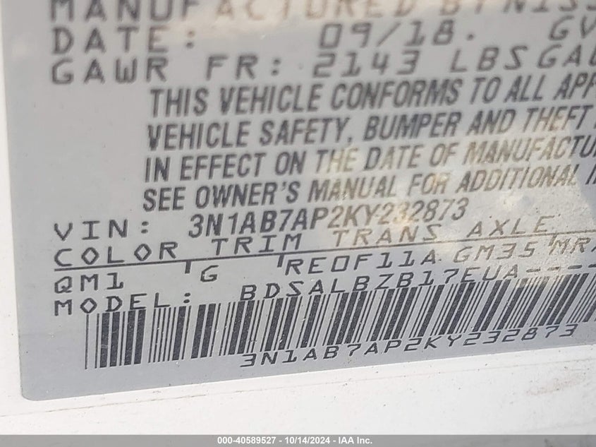 VIN 3N1AB7AP2KY232873 2019 NISSAN SENTRA S