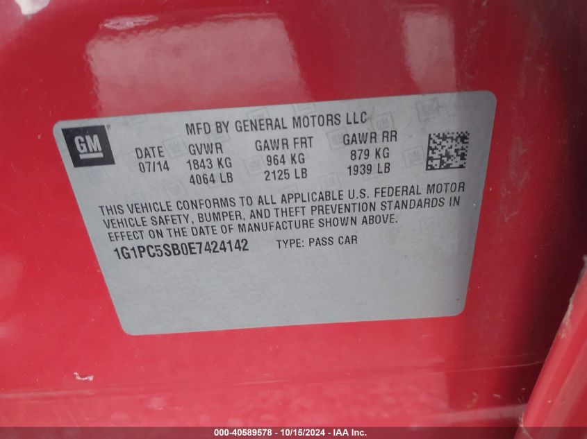 2014 Chevrolet Cruze 1Lt Auto VIN: 1G1PC5SB0E7424142 Lot: 40589578