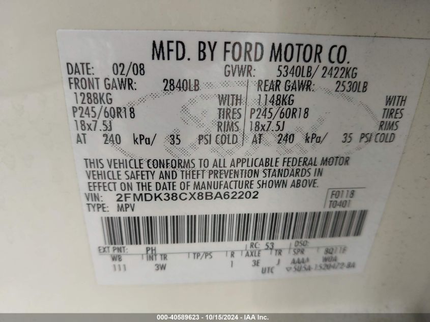 2008 Ford Edge Sel VIN: 2FMDK38CX8BA62202 Lot: 40589623