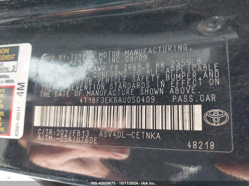 4T1BF3EK6AU050409 2010 Toyota Camry