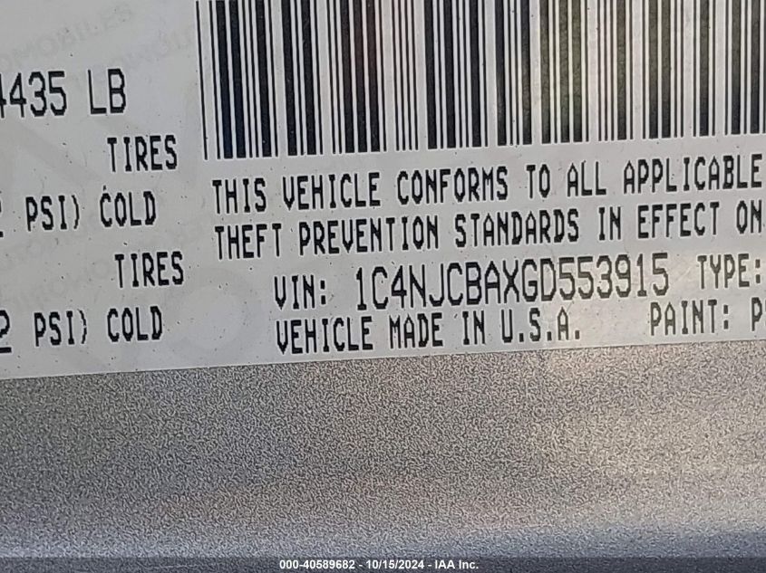 2016 Jeep Compass Sport VIN: 1C4NJCBAXGD553915 Lot: 40589682