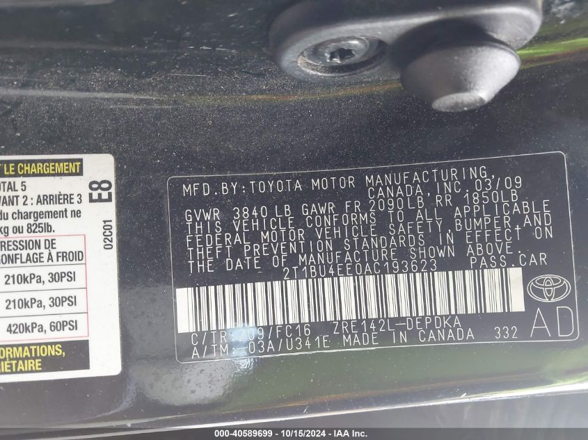 2010 Toyota Corolla Le VIN: 2T1BU4EE0AC193623 Lot: 40589699