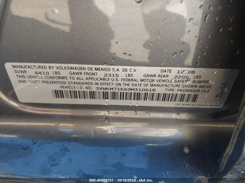 2009 Volkswagen Jetta 2.5L S VIN: 3VWKM71K69M310618 Lot: 40589701