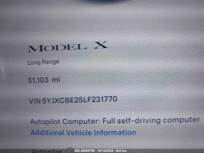 2020 Tesla Model X Long Range Dual Motor All-Wheel Drive/Long Range Plus Dual Motor All-Wheel Drive VIN: 5YJXCBE25LF231770 Lot: 40589750