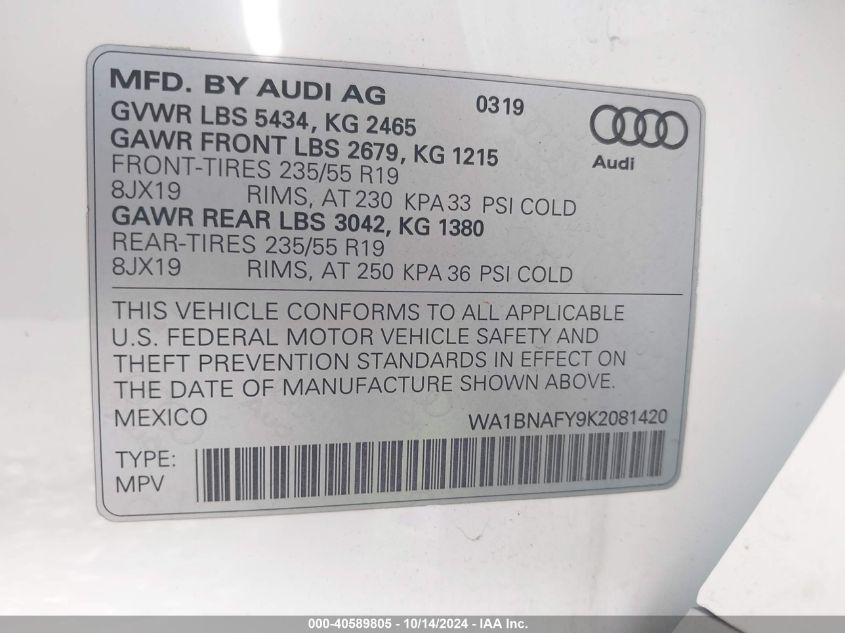 2019 AUDI Q5 45 PREMIUM - WA1BNAFY9K2081420