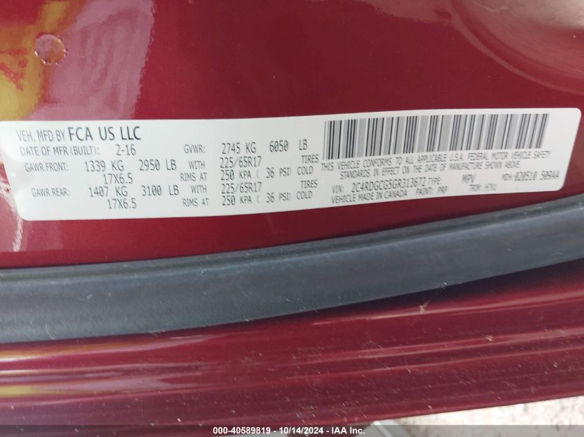 2016 Dodge Grand Caravan Sxt VIN: 2C4RDGCG5GR313672 Lot: 40589819