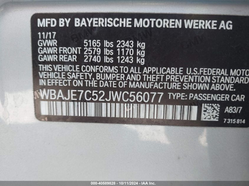 WBAJE7C52JWC56077 2018 BMW 540I xDrive