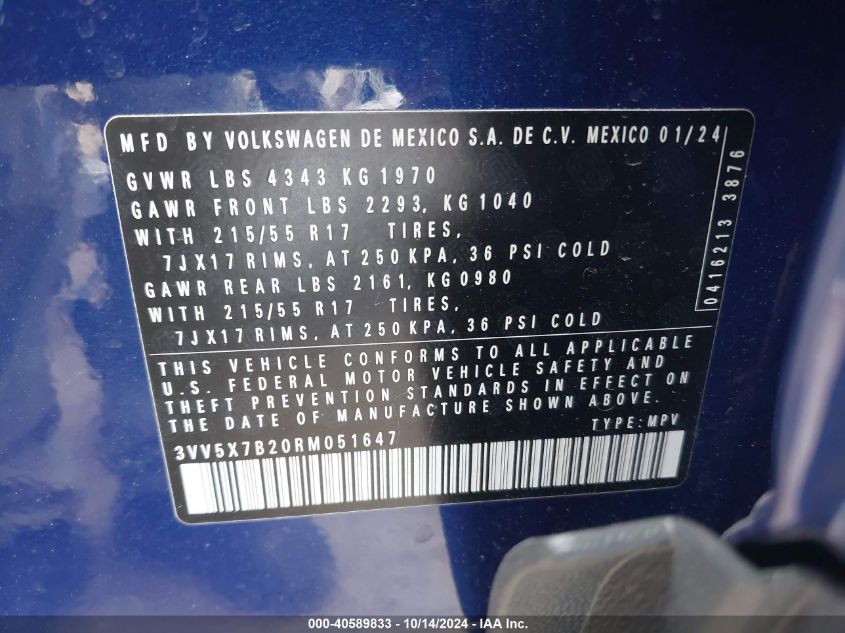 2024 Volkswagen Taos S VIN: 3VV5X7B20RM051647 Lot: 40589833