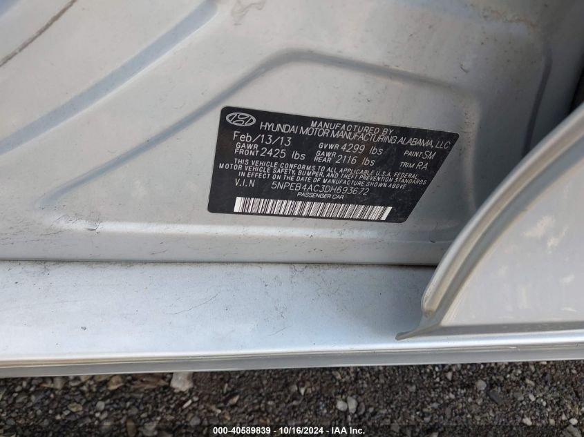2013 Hyundai Sonata Gls VIN: 5NPEB4AC3DH693672 Lot: 40589839