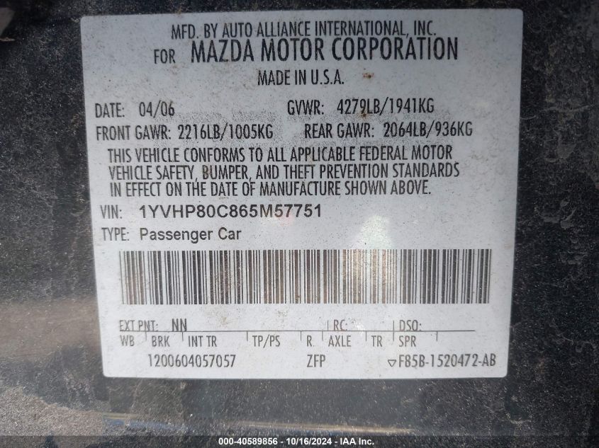 2006 Mazda Mazda6 I Sport VIN: 1YVHP80C865M57751 Lot: 40589856