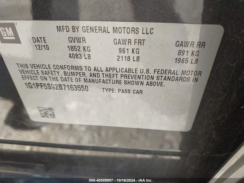 2011 Chevrolet Cruze 1Lt VIN: 1G1PF5S92B7163550 Lot: 40589907