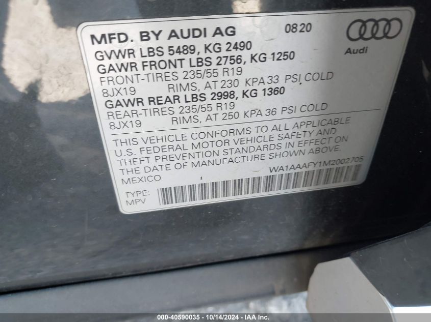 2021 Audi Q5 Premium VIN: WA1AAAFY1M2002705 Lot: 40590035