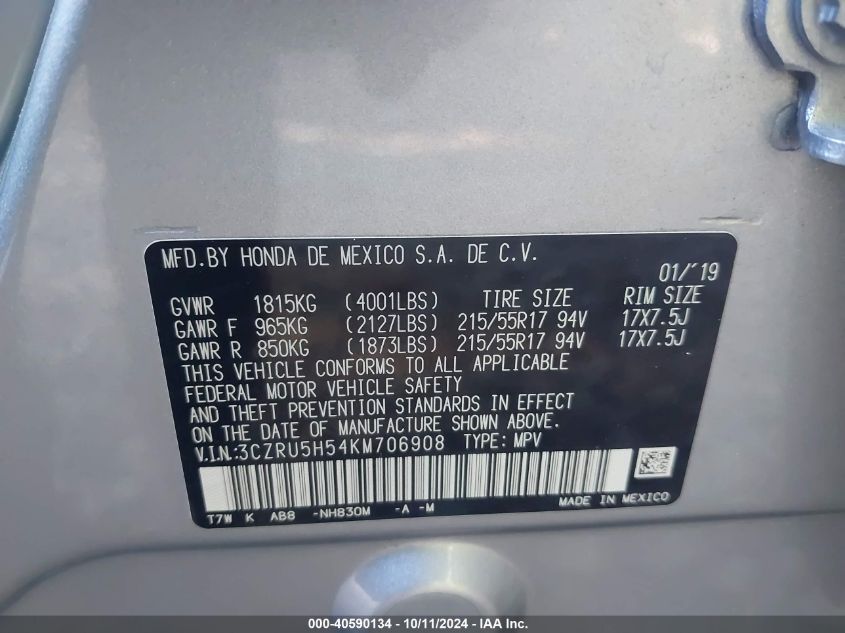 3CZRU5H54KM706908 2019 Honda Hr-V Ex