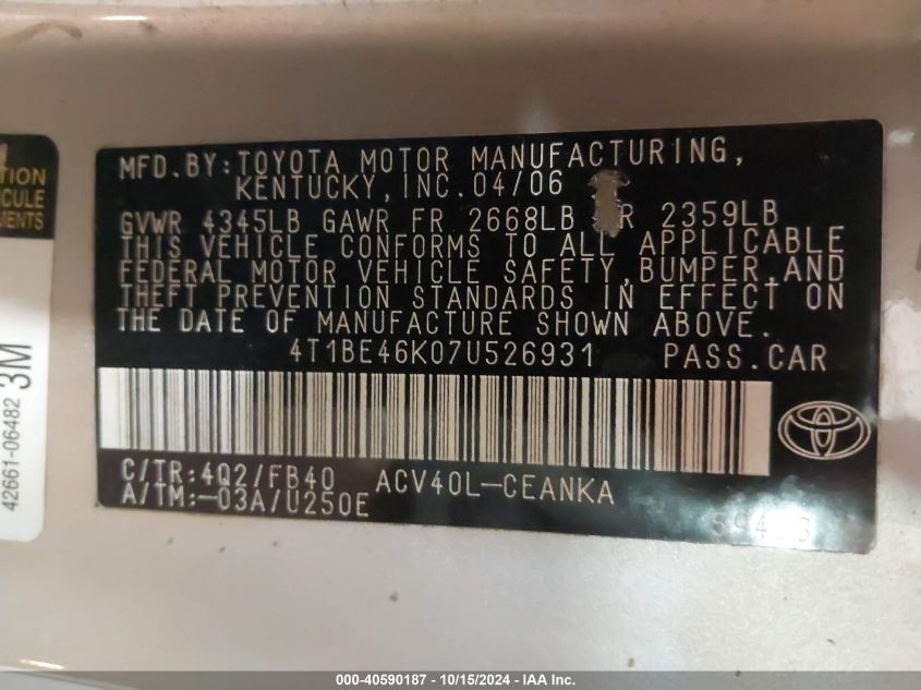 2007 Toyota Camry Ce VIN: 4T1BE46K07U526931 Lot: 40590187