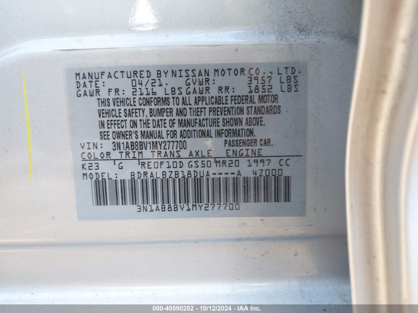 VIN 3N1AB8BV1MY277700 2021 NISSAN SENTRA S XTRONIC CVT