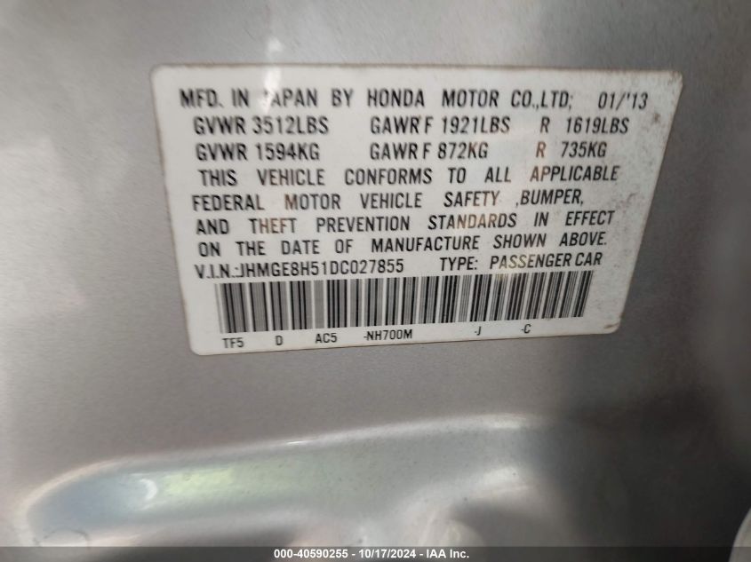 2013 Honda Fit Sport VIN: JHMGE8H51DC027855 Lot: 40590255