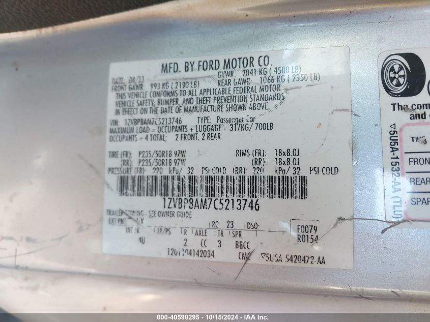 2012 Ford Mustang V6 Premium VIN: 1ZVBP8AM7C5213746 Lot: 40590295