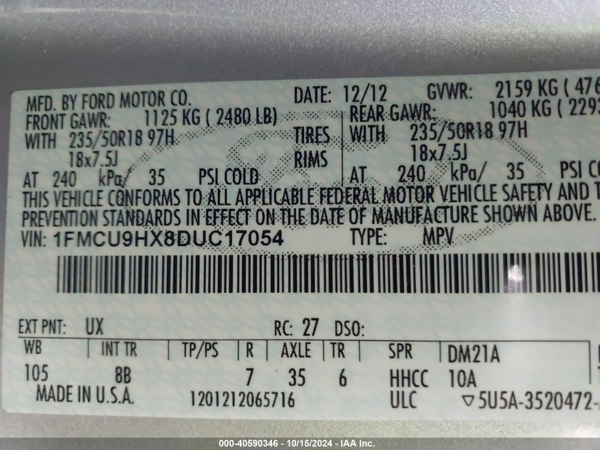 2013 Ford Escape Sel VIN: 1FMCU9HX8DUC17054 Lot: 40590346