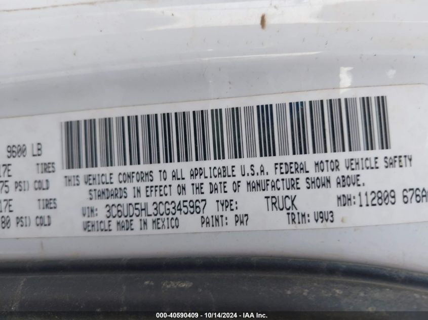 2012 Dodge Ram 2500 St VIN: 3C6UD5HL3CG345967 Lot: 40590409