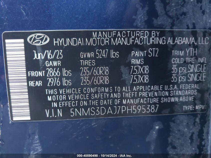 2023 Hyundai Santa Fe Sel VIN: 5NMS3DAJ7PH595387 Lot: 40590498