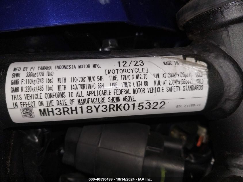 2024 Yamaha Yzfr3 A VIN: MH3RH18Y3RK015322 Lot: 40590499