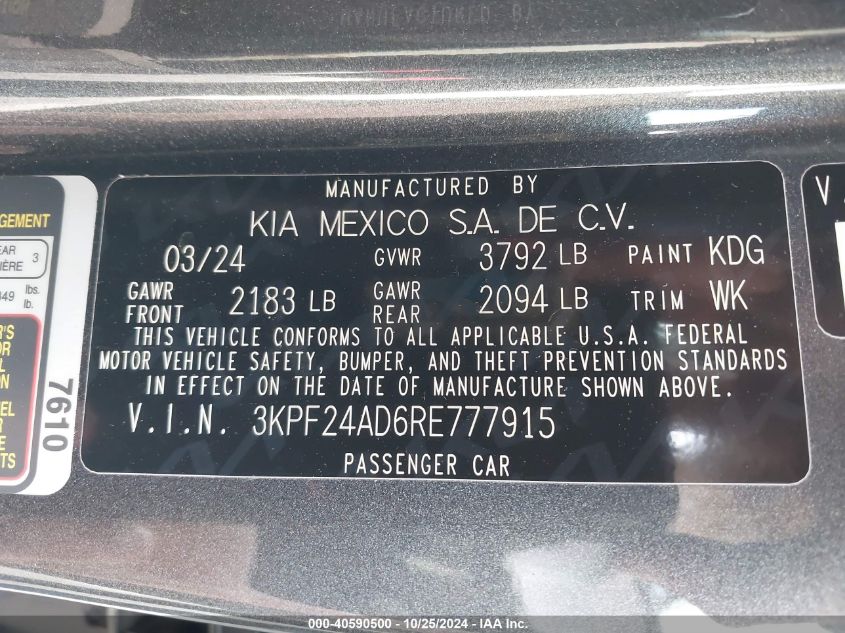 2024 Kia Forte Lxs VIN: 3KPF24AD6RE777915 Lot: 40590500