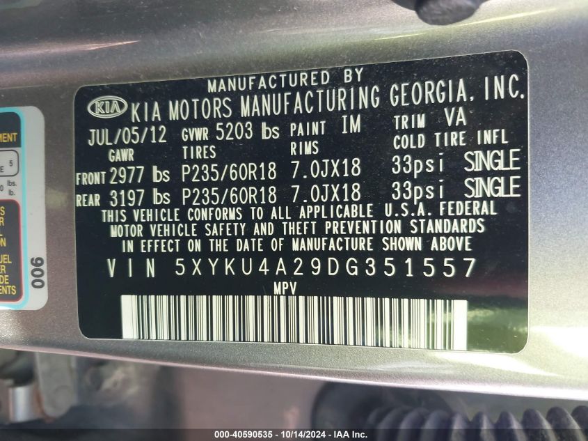 2013 Kia Sorento Ex VIN: 5XYKU4A29DG351557 Lot: 40590535