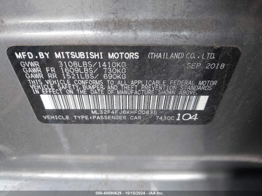 2019 Mitsubishi Mirage G4 Se VIN: ML32F4FJ6KHF00835 Lot: 40590629