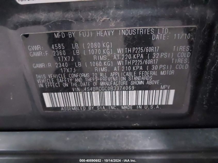 2011 Subaru Outback 2.5I Premium VIN: 4S4BRCGC0B3374069 Lot: 40590652