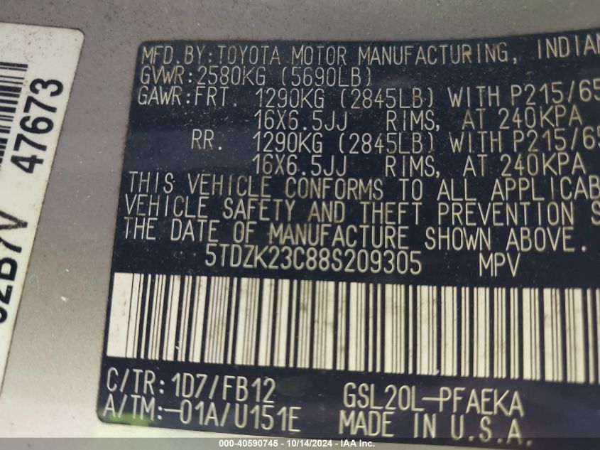 2008 Toyota Sienna Ce VIN: 5TDZK23C88S209305 Lot: 40590745