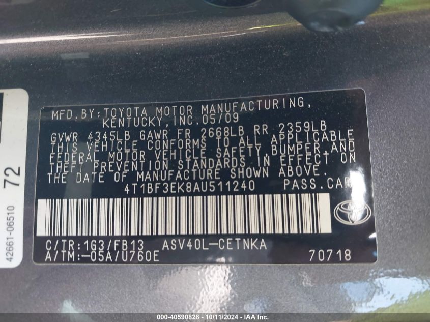 4T1BF3EK8AU511240 2010 Toyota Camry Le