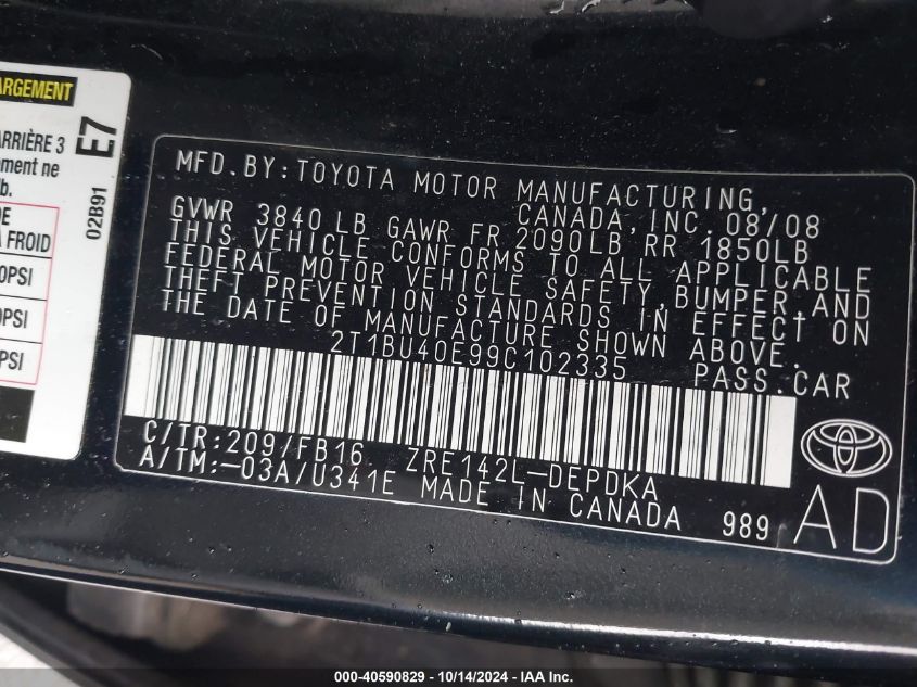 2009 Toyota Corolla Le VIN: 2T1BU40E99C102335 Lot: 40590829