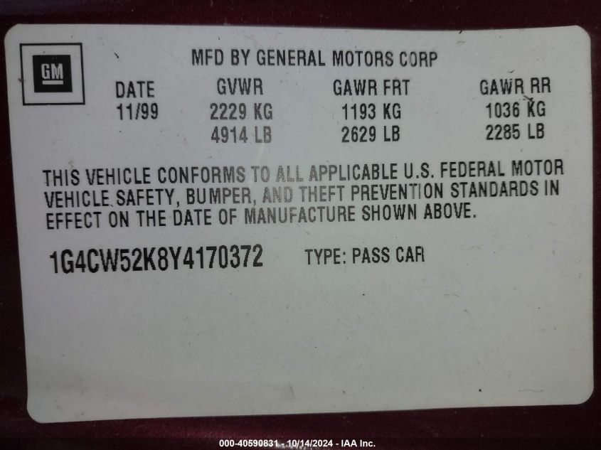 2000 Buick Park Avenue VIN: 1G4CW52K8Y4170372 Lot: 40590831