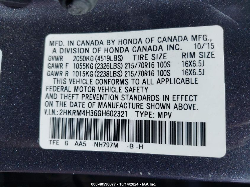 VIN 2HKRM4H36GH602321 2016 Honda CR-V, LX no.9