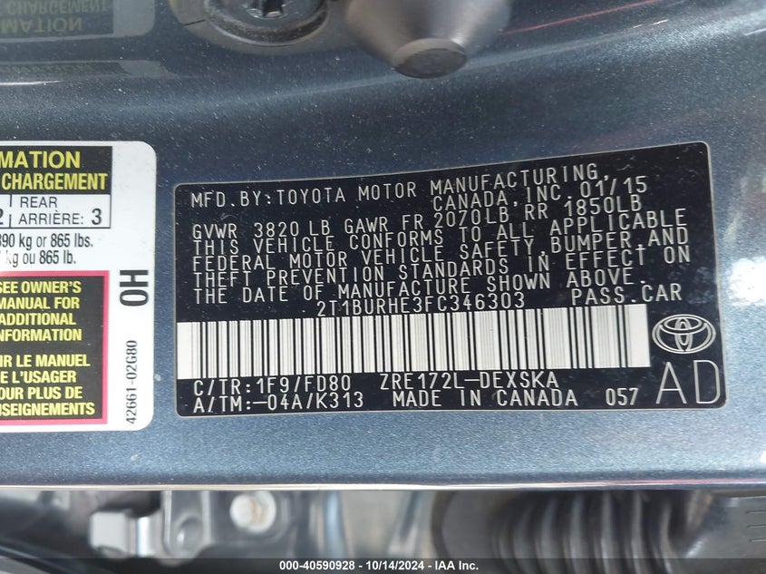 2015 TOYOTA COROLLA S PLUS - 2T1BURHE3FC346303