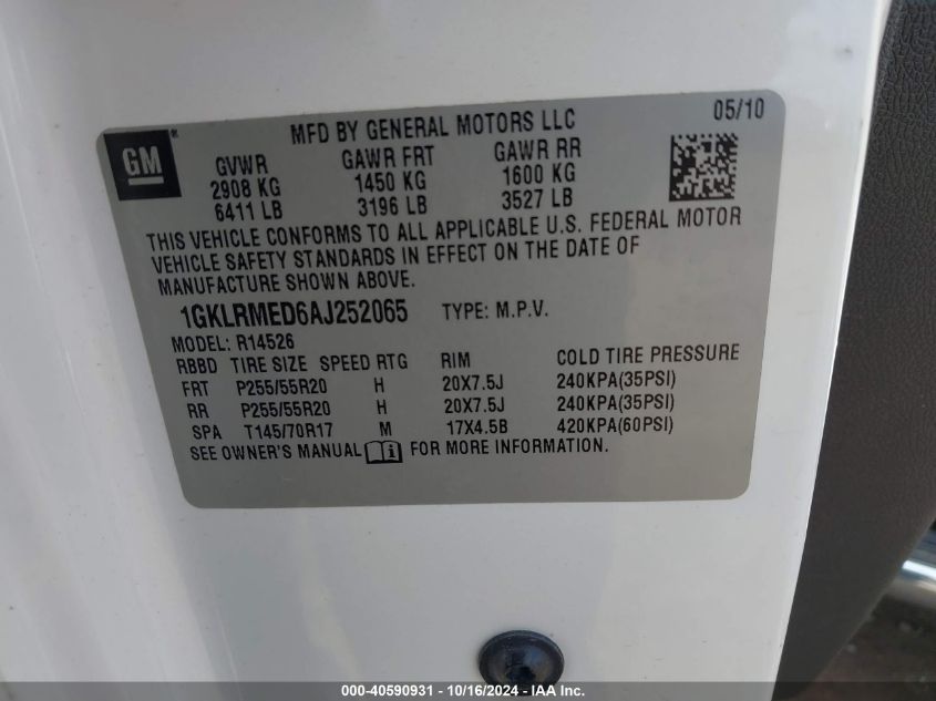 2010 GMC Acadia Slt-1 VIN: 1GKLRMED6AJ252065 Lot: 40590931