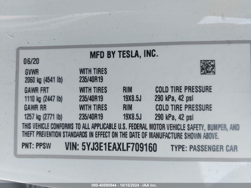 2020 Tesla Model 3 Standard Range Plus Rear-Wheel Drive/Standard Range Rear-Wheel Drive VIN: 5YJ3E1EAXLF709160 Lot: 40590944