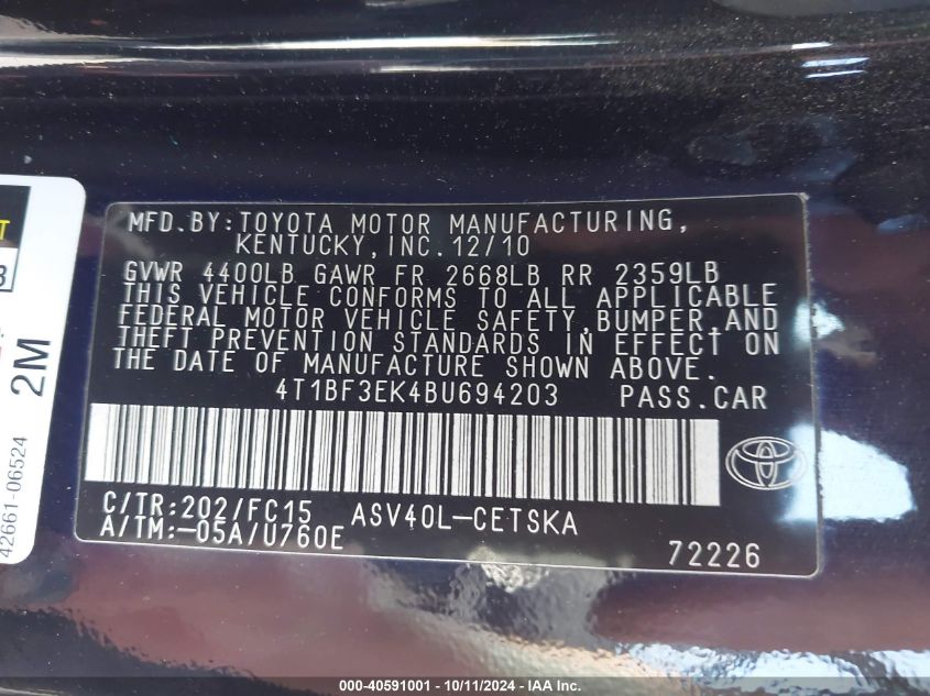 4T1BF3EK4BU694203 2011 Toyota Camry Se