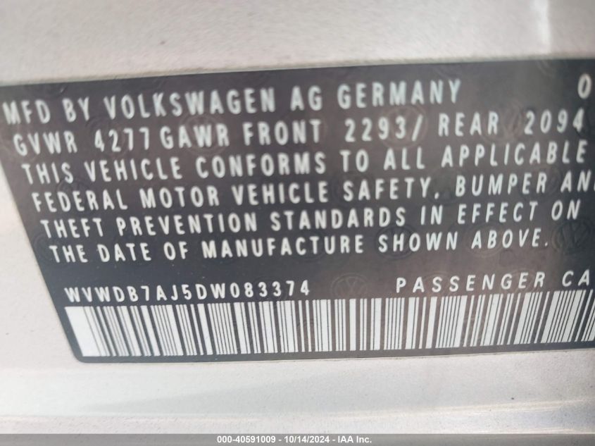 2013 Volkswagen Golf 2.5L 4-Door VIN: WVWDB7AJ5DW083374 Lot: 40591009