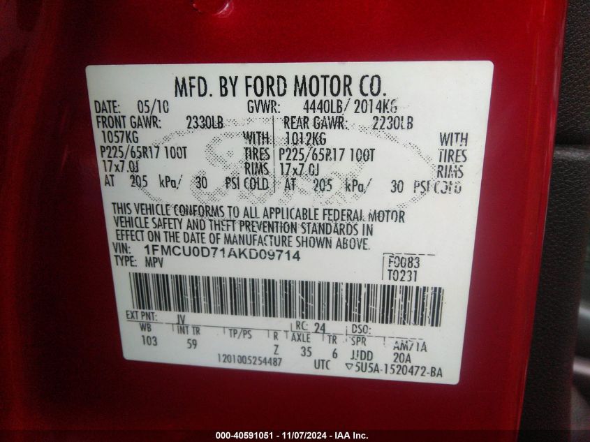 2010 Ford Escape Xlt VIN: 1FMCU0D71AKD09714 Lot: 40591051